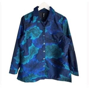 Berek Button Down Top Artsy Semi Sheer Vibrant Blue Multi Media Textured Medium